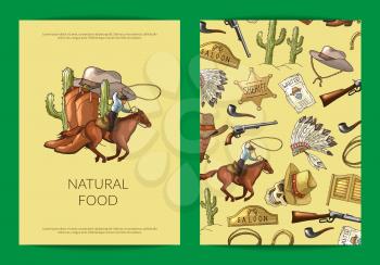Vector hand drawn wild west cowboy elements banner and poster card or web flyer template illustration