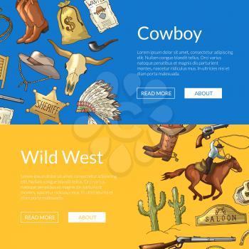 Vector hand drawn wild west cowboy elements web banner templates illustration with horses, cacti and cow skull