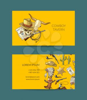 Vector hand drawn cowboy elements business card template for wild west bar or tavern illustration