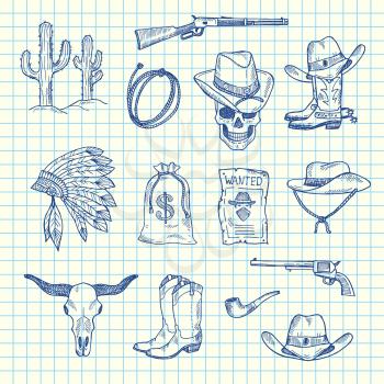 Vector hand drawn wild west cowboy elements set on blue cell sheet background illustration