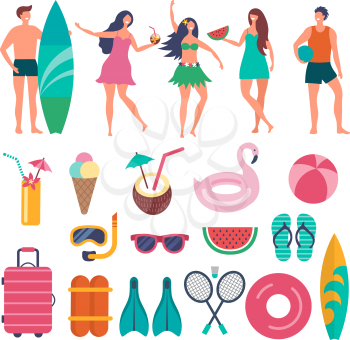 Various characters of summer travellers. Vector illustrations of peoples. Illustration of summertime woman and man, surfboard and cocktail