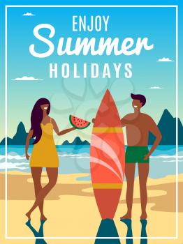 Vintage summer poster with illustration of couple with surfboard. Vector sea beach, woman and man couple with surfin board