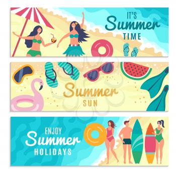 Banners set with various summer illustrations. Male and female characters on the beach. Summer beach sea, tropical travel banner vector