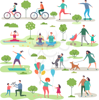 Various outdoor activities in the urban park. Group of walking peoples. Illustration of recreation jogging with dog, exercise fitness outdoor