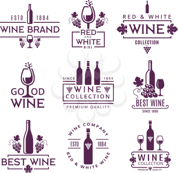 Logotypes or badges of wine brands. Emblem beverage winery, branding badge company. Vector illustration