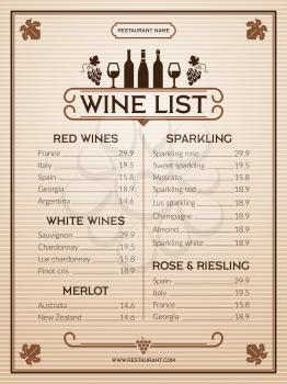 Wine menu. Design template of restaurant or bar menu. Vector template cafe card with beverage illustration