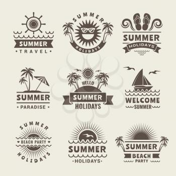 Summer badges. Vector monochrome labels of summer time. Tropical illustrations travel logo, beach sea paradise, holiday and journey