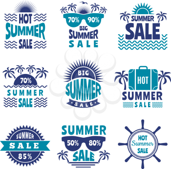 Badges of summer sale. Vector advertising pictures. Promotion badge banner, summer discount offer illustration
