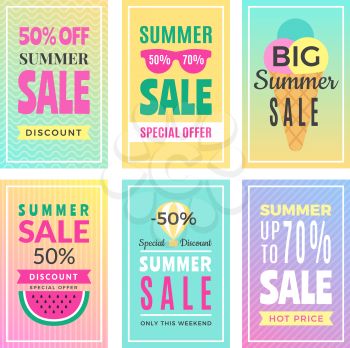 Summer sale cards. Design template of various vector cards isolate. Banner holiday discount, flyer clearance and promotion advertising illustration