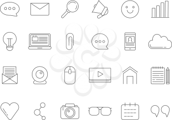 Mono line pictures set of various symbols for broadcasting, blogging and copyrighting. Linear media communication icons, video vlog. Vector illustration