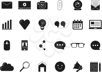Blogging symbols. Web icon in black style. Vector monochrome pictures. Vlog media, blog communication computer, chatting and video web online illustration