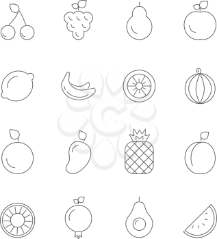 Various icons of fruits. Vegan symbols isolate on white. Vector linear illustrations. Fruit line outline, food natural vitamin