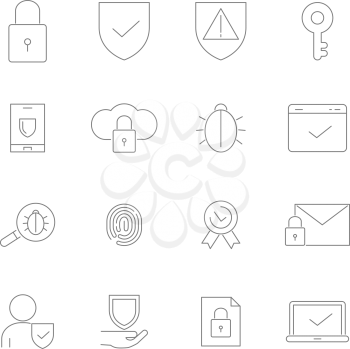 Symbols of privacy. Vector Icon set in linear style of cyber security. Safety security, cyber linear web system shield
