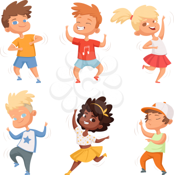 Dancing childrens male and female. Set vector characters. Childhood children, young kids boy and girl dance illustration