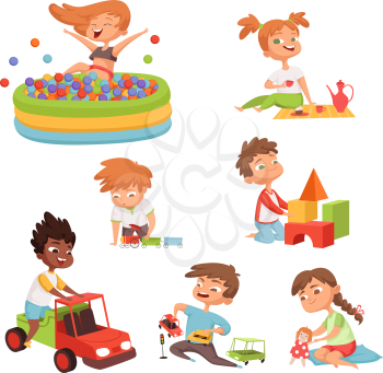 Various games and toys for preschool kids. Game preschool, childhood girl and boy leisure, vector illustration