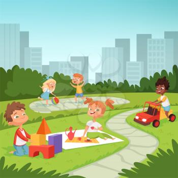 Childrens playing in educational games outdoor . Various equipment for kids. Vector childhood summer park, outdoor playtime illustration