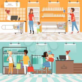 Banners of supermarket. People male and female make purchases in store. Vector customer buy food in grocery illustration