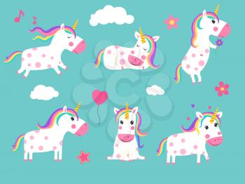 Cartoon unicorns. Cute fairy tale animals in dynamic poses. Vector animal unicorn, horse fantasy mythology illustration