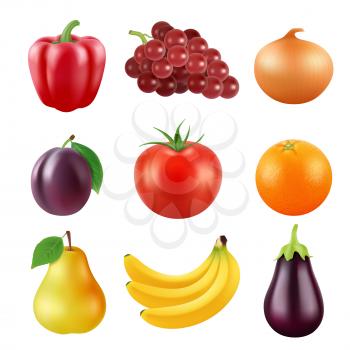 Realistic vector pictures of fresh fruits and vegetables. Fruit food and vegetable, orange and plum, pear and eggplant, onion and pepper illustration