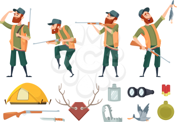 Hunters equipment. Various tools for duck hunters. Illustration of hunter and gun, equipment weapon