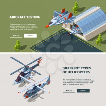Banners with airplanes pictures. Military isometric aircrafts. Airbase with fighter aircraft, airplane isometric. Vector illustration