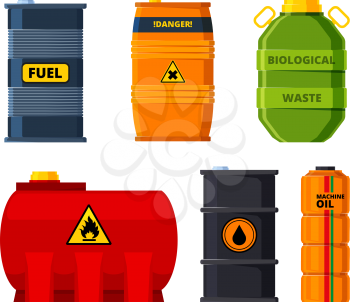 Big oil tanks. Set of barrels for oil or toxic fuel. Tank and barrel, storage container reserve. Vector illustration