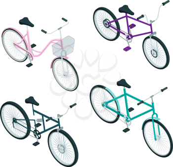 Isometric bikes. Vector 3d pictures of transport. Bicycle transportation sport illustration