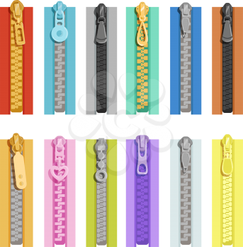 Colored zippers. Tools for clothes. Vector zip close, fastener lock for textile illusstration