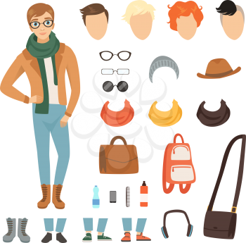 Clothing of fashionable guy. Cartoon male character with various fashion accessories and clothes. Vector male hairstyle, man clothing and accessories illustration