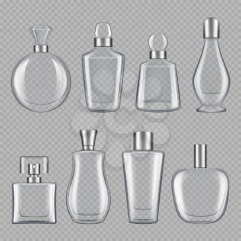 Perfumes bottles. Realistic pictures of glass bottles. Vector bottle container illustration