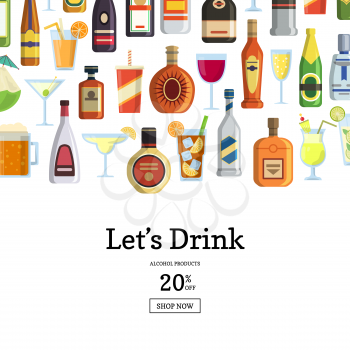 Vector background with alcoholic drinks in glasses and bottles and with place for text. illustration of restaurant menu drink