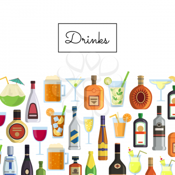Vector banner background with alcoholic drinks in glasses and bottles and with place for text for drinks menu illustration