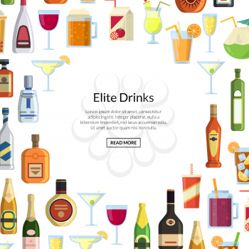 Vector background with alcoholic drinks in glasses and bottles gathered around empty center with place for text illustration
