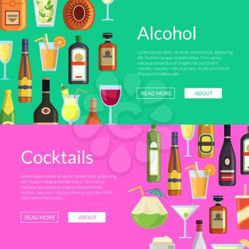 Vector horizontal web banners or poster illustration with alcoholic drinks in glasses and bottles in flat style