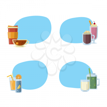 Vector set of stickers with place for text with alcoholic drinks in glasses and bottles in flat style isolated on white illustration