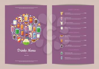 Vector vertical menu template with nonalcoholic drinks in glasses, like smoothie, tea, coffee, juice in flat style. Illustration of menu with juice drink, compote and beverage