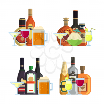 Vector piles of alcoholic drinks in glasses and bottles in flat style set. Alcohol bottle, beverage beer drink illustration