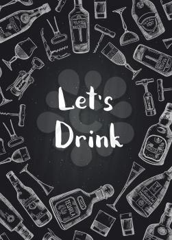 Vector banner and poster hand drawn alcohol drink bottles and glasses background on black chalkboard illustration