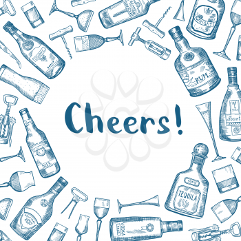Vector hand drawn alcohol drink bottles and glasses background illustration with place for text in center
