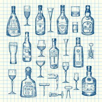 Vector hand drawn alcohol drink bottles and glasses set of on cell sheet illustration. Absinthe and tequila, rum and vodka