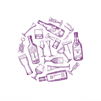 Vector hand drawn alcohol drink bottles and glasses gathered in circle illustration