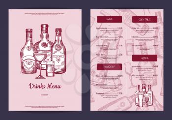 Vector drinks menu template for bar, cafe or restaurant with hand drawn alcohol drinks bottles and glasses illustration