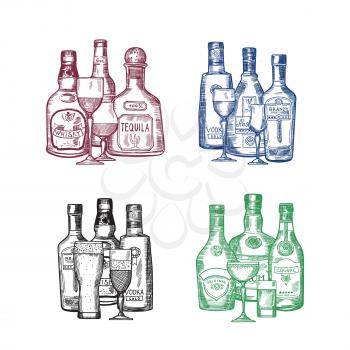Vector set of hand drawn alcohol drink bottles and glasses piles illustration. Bottle drink alcohol sketch, beer and cognac