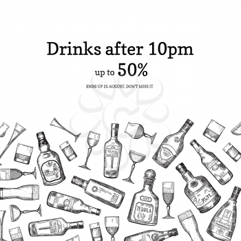Banner vector hand drawn alcohol drink bottles and glasses background illustration with place for text