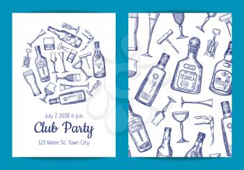 Vector hand drawn alcohol drink bottles and glasses card of set, flyer or brochure template for bar or night club illustration