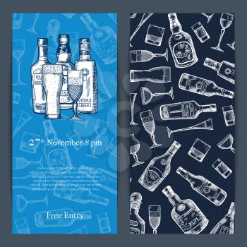 Vector hand drawn alcohol drink bottles and glasses vertical invitation template for party or bar opening illustration