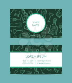 Vector hand drawn alcohol drink bottles and glasses business card template for bar or night club illustration