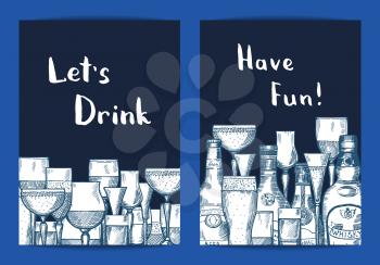 Vector hand drawn alcohol drink bottles and glasses set of card templates for bar or night club illustration