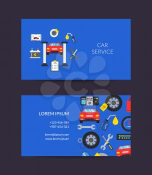 Vector business card template for auto service or lessons with flat style car service elements illustration