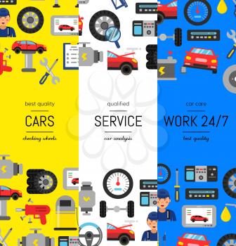 Vector vertical web poster banners illustration with flat style car service elements. Page template car service